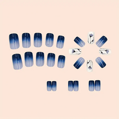 Ocean Bloom – 24pcs Blue Gradient Nails with Floral Accents