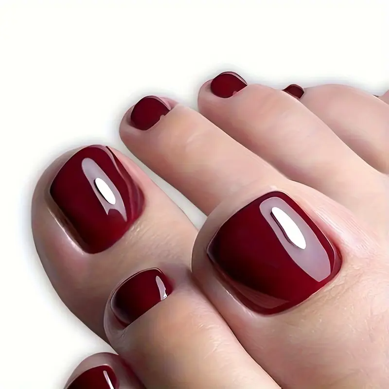 Red French Solid Color Coffin Toenails (24pcs)