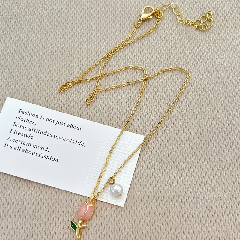 Tulip & Imitation Pearl 18K Gold Plated Necklace