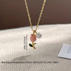 Tulip & Imitation Pearl 18K Gold Plated Necklace