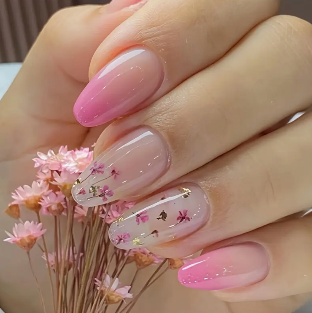 Pink Floral Almond Nails (24pcs) 🌸💗🌼